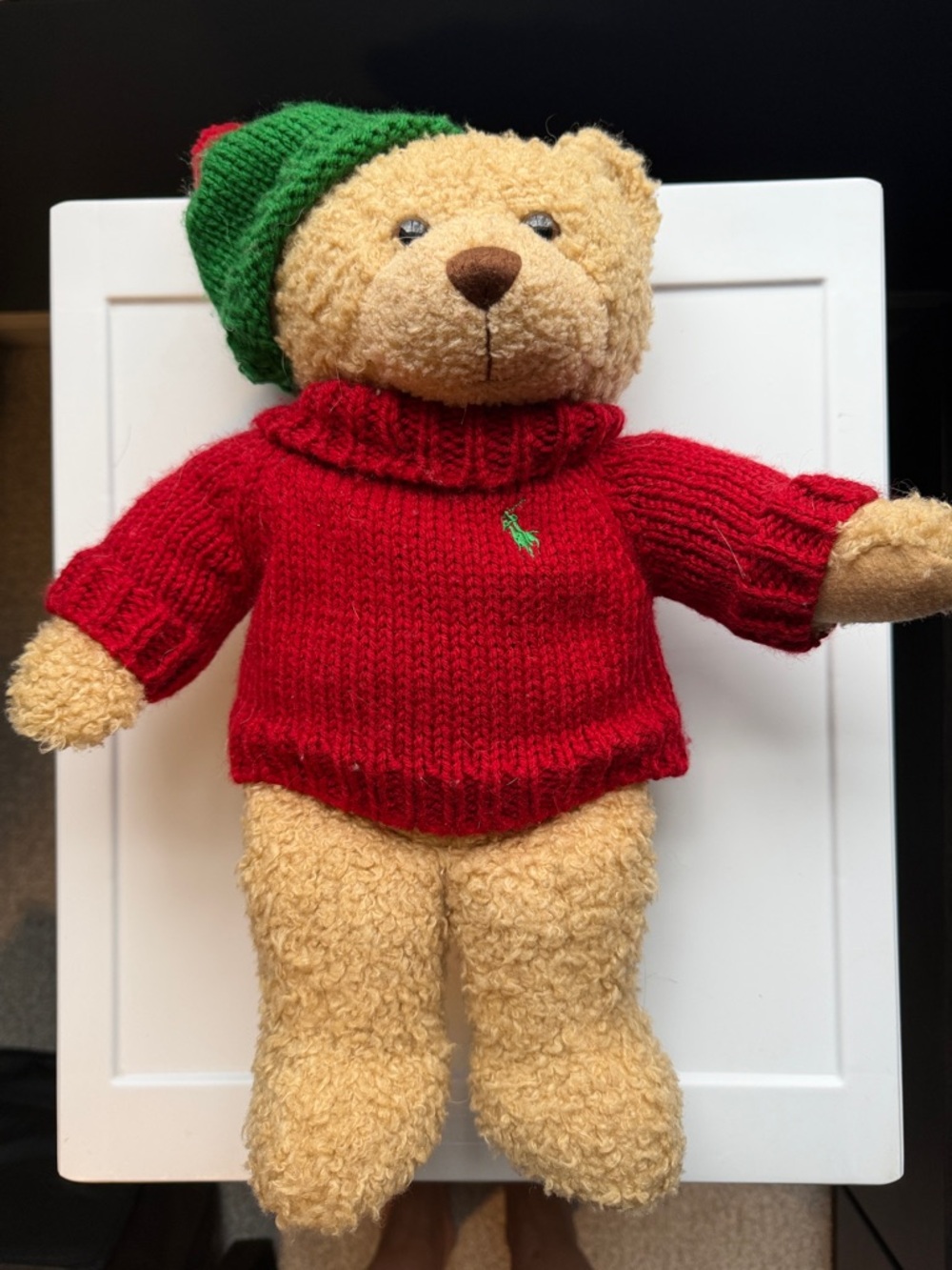 Vintage Ralph Lauren Tan Bear in Red Sweater and Green Knit Hat
